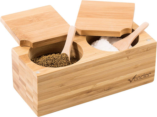 Bamboo Salt & Pepper Box with Magnetic Lid (2-Section) + 2 Spoons.
