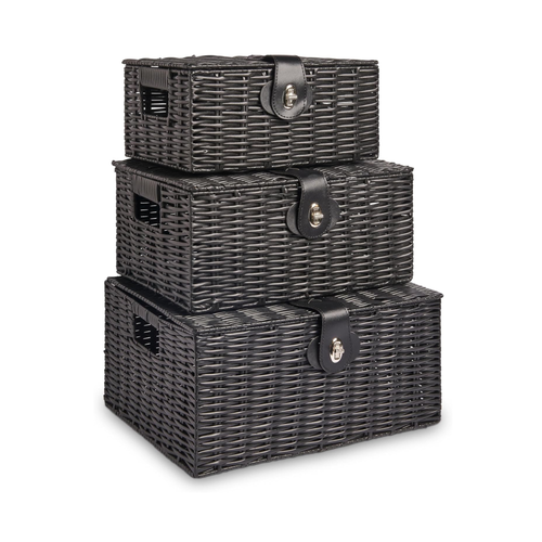 Resin Wicker Storage Baskets with Lids, Set of 3, Black