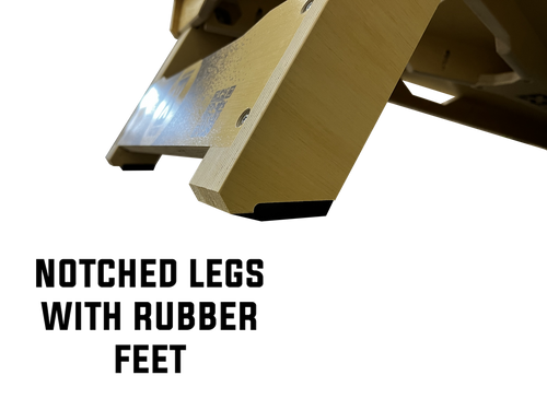 close up of rubber anti slip feet on premium cornhole board