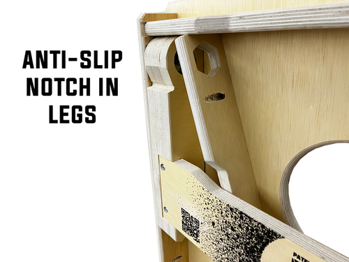 closeup of x factor cornhole board legs