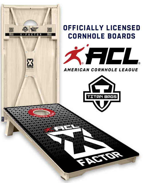 ACL elite stamped premium cornhole boards with x factor design and bracing