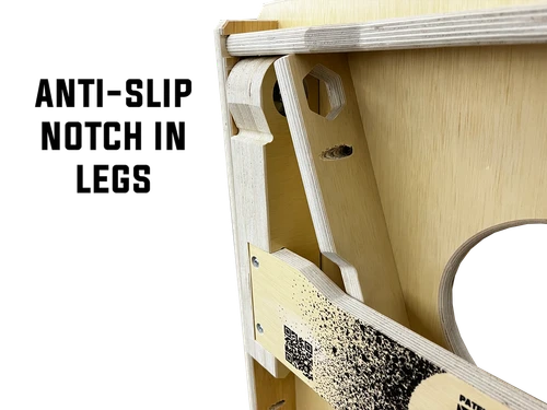 closeup of x factor cornhole board legs