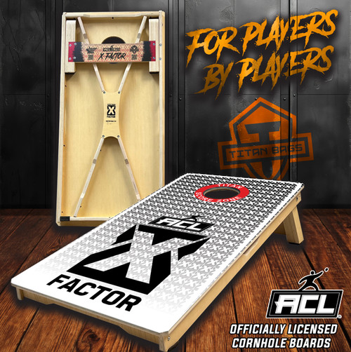 ACL Elite- X-Factor Cornhole Board
Welcome to the pinnacle of cornhole excellence with our X-Factor Cornhole Board. As your #1 source for all things cornhole, we bring you the highest quality and performance in the game. Whether you're a seasoned professional or an enthusiastic amateur, our X-Factor boards are designed to elevate your cornhole experience to an elite level.
Key Features:
ACL Approved: Our X-Factor boards meet the standards set by the American Cornhole League, ensuring top-tier performance and durability.
Elite Level Quality: Constructed with precision and premium materials, these boards provide the perfect playing surface for consistent and competitive gameplay.
Tournament Ready: Used by pros at official ACL events, these boards are crafted to offer the best build and surface, making every game count.
Perfect Dimensions: Adhering to ACL regulations, our boards measure 24" x 48" with a 6" hole, offering the ideal setup for serious players.
Why Choose Our X-Factor Cornhole Board?
Enhanced Gameplay: Experience the difference with our signature smooth, consistent playing surface that enhances bag slide and grip, crucial for pro play.
Professional Grade: Trusted by top players, our boards are used in competitive leagues and major tournaments across the country.

Upgrade Your Cornhole Game Today
Don't settle for anything less than the best. Elevate your game with our X-Factor Cornhole Board and join the ranks of elite players. As the ultimate destination for cornhole enthusiasts, we guarantee unmatched quality, performance, and satisfaction. Order now and dominate the boards with ACL Elite excellence!

With the X-Factor Cornhole Board, you're not just playing cornhole; you're playing at the elite level.


X Factor Style Build (Patent Pending)
Top Material: 3/4” Marine Grade Plywood (15 Ply)
Frame Material: 3/4” Marine Grade Plywood (15 Ply)
Construction: Pocket Hole Screws And Glue
Handle: Built In
Legs: 3 Ply Marine Grade Plywood
Board Armor Clear Coat Finish: On All Surfaces
Size: Regulation 24”x48” and 6” Diameter Hole