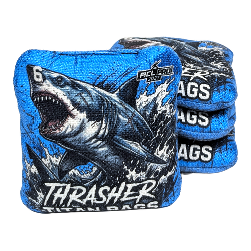 acl stamped professional titan cornhole bags with a shark design thrasher blue