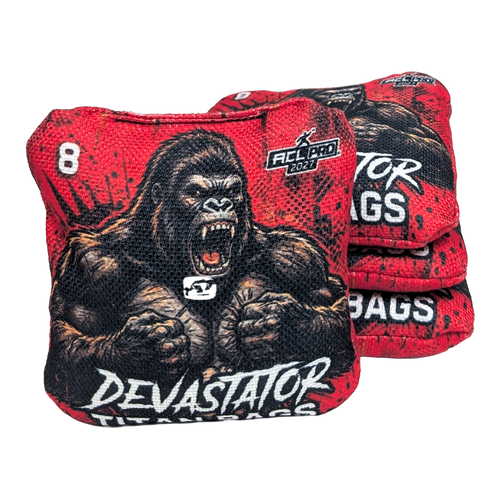 acl stamped professional titan cornhole bags with a gorilla design devastator red