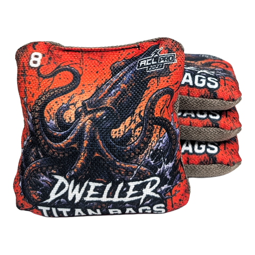 acl stamped professional titan cornhole bags with a kraken squid design dweller red