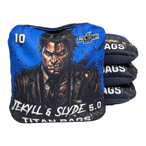 acl stamped professional titan cornhole bags with a jekyll & hyde design jekyll & slyde blue