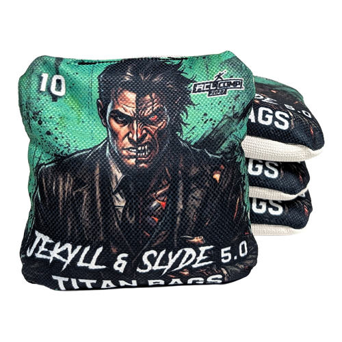 acl stamped professional titan cornhole bags with a jekyll & hyde design jekyll & slyde green