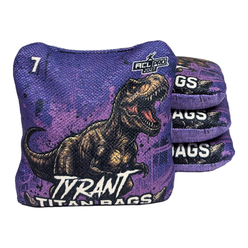 acl stamped professional titan cornhole bags with a t rex dinosaur design tyrant purple