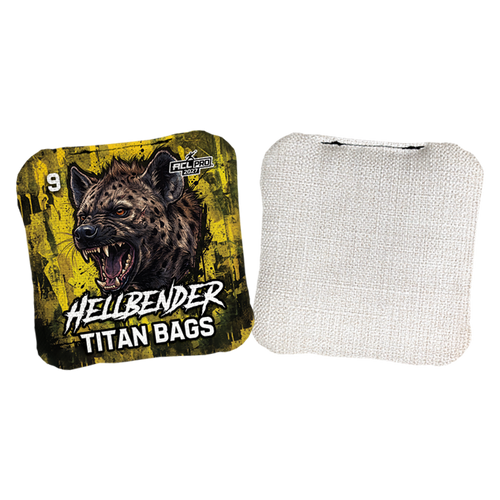 hellbender acl pro stamped cornhole bag set with hyena design yellow