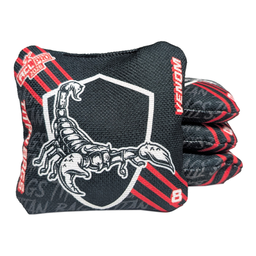 acl stamped professional titan cornhole bags with a scorpion design venom black red