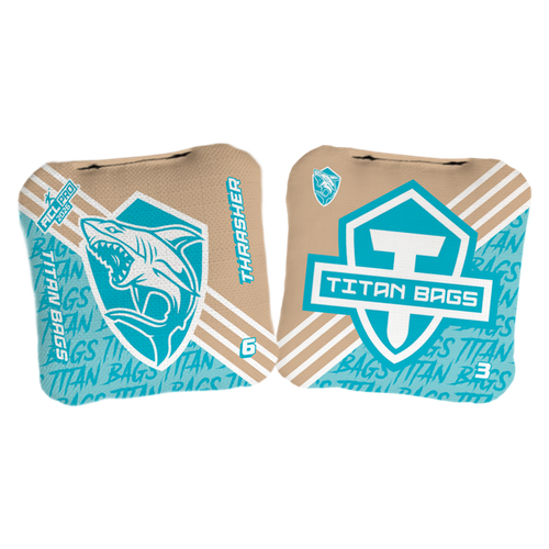 acl stamped professional titan cornhole bags with a shark design thrasher khaki blue