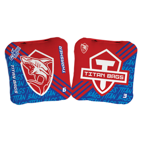 acl stamped professional titan cornhole bags with a shark design thrasher red white and blue