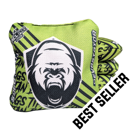 acl stamped professional titan cornhole bags with a gorilla design devastator green lime best seller badge
