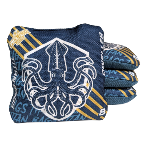 acl stamped professional titan cornhole bags with a kraken squid design dweller blue aqua