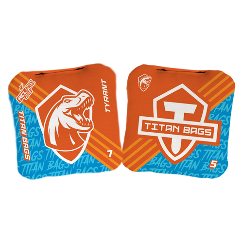 acl stamped professional titan cornhole bags with a t rex dinosaur design tyrant purple white