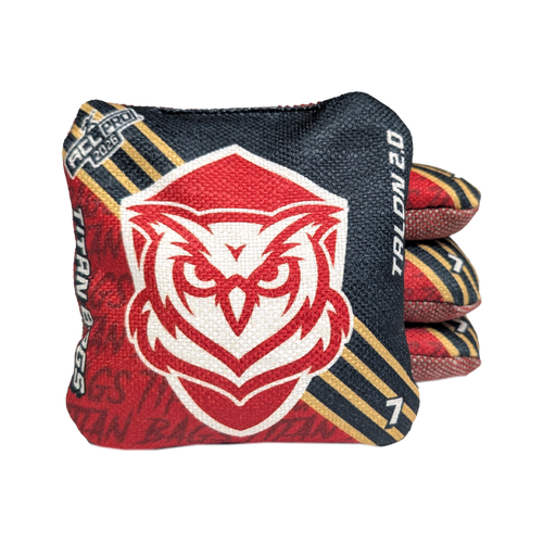 acl stamped professional titan cornhole bags with an owl design talon red black gold
