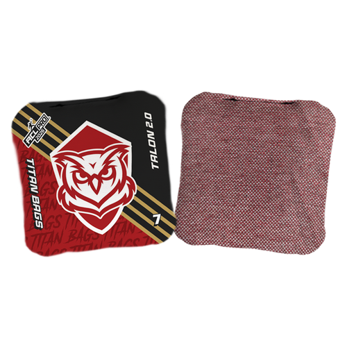 acl stamped professional titan cornhole bags with an owl design talon red black gold
