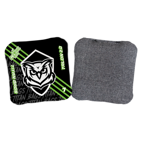 acl stamped professional titan cornhole bags with an owl design talon black green