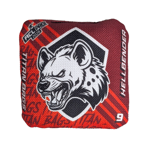 hellbender acl stamped professional titan cornhole bags with a hyena design red orange
