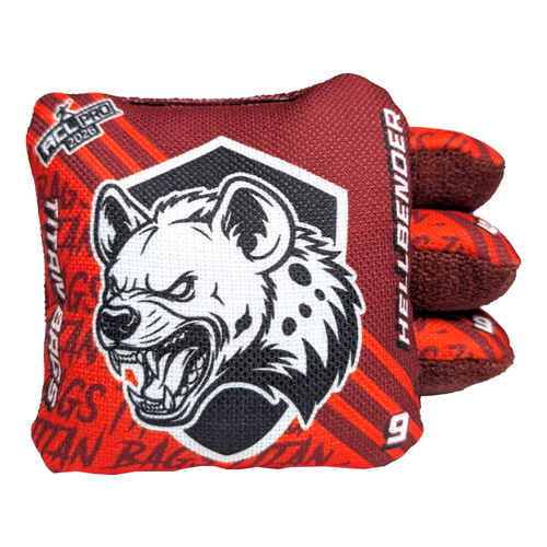 hellbender acl stamped professional titan cornhole bags with a hyena design