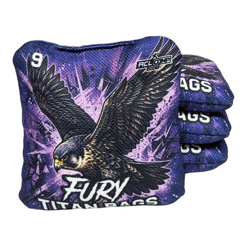 acl comp stamped fury cornhole bag set with hawk design in purple