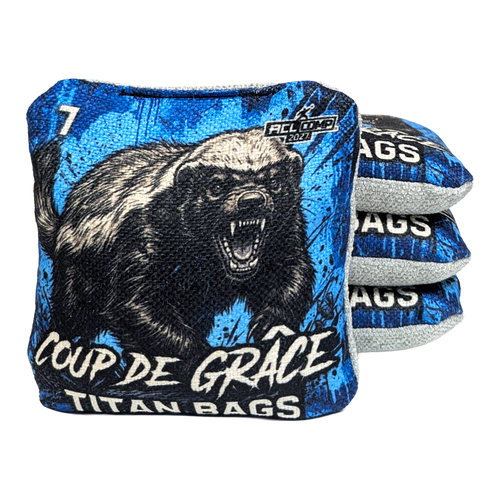 acl pro stamped coup de grace cornhole bag set with honey badger design in blue