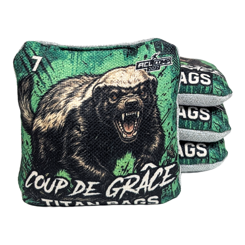acl pro stamped coup de grace cornhole bag set with honey badger design in green