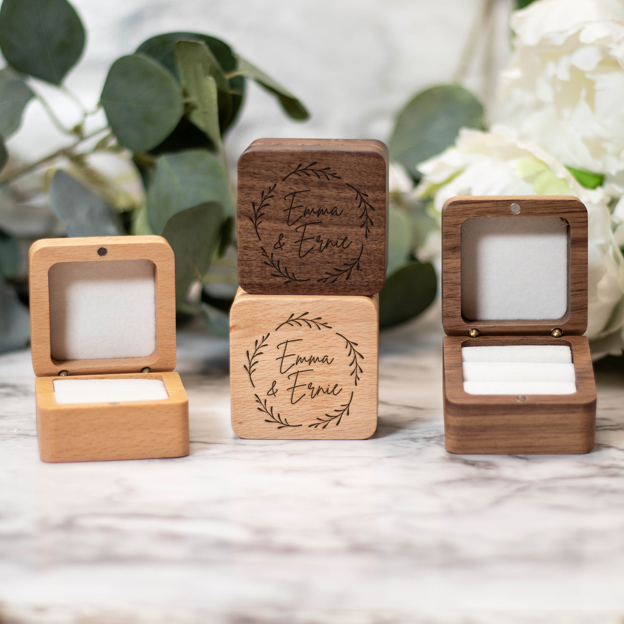 Personalized Wedding Ring Box | Maple Or Walnut Wood | Wedding Proposal Engagement Ceremony Square Ring Boxes