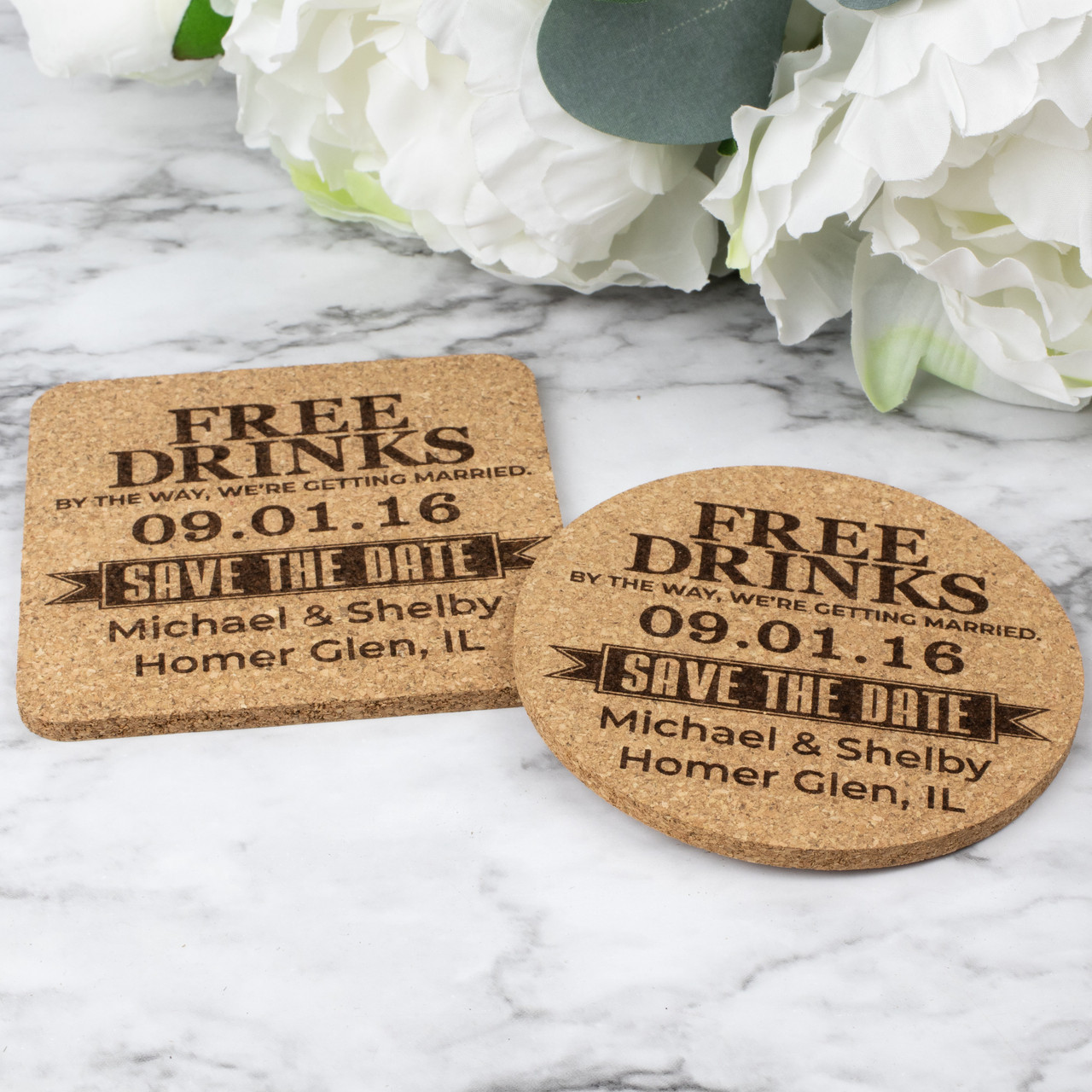 Free Drinks Save The Date Cork Coasters