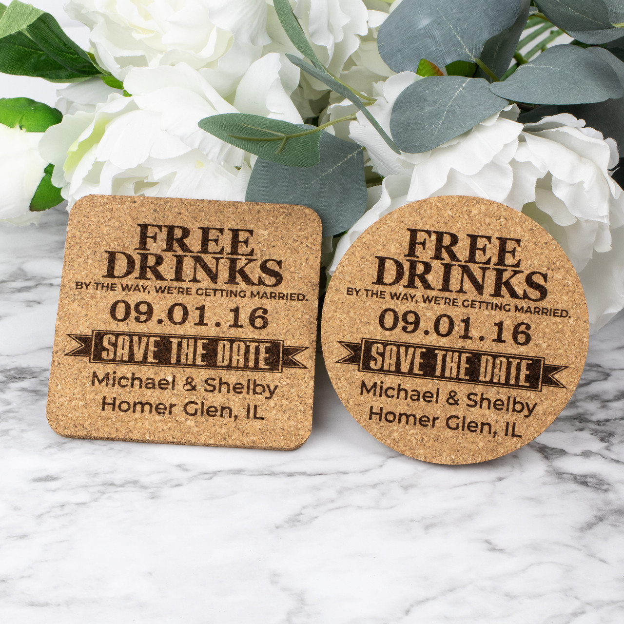 Free Drinks Save The Date Cork Coasters - Baum Designs