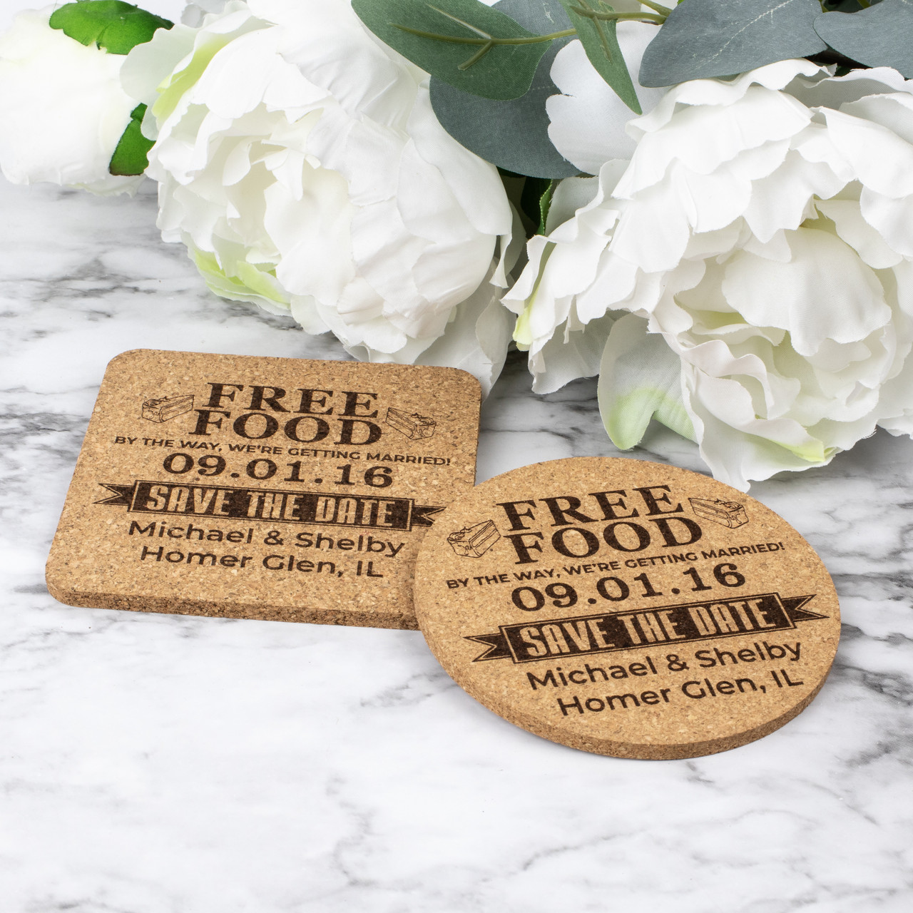 Free Drinks Save The Date Cork Coasters