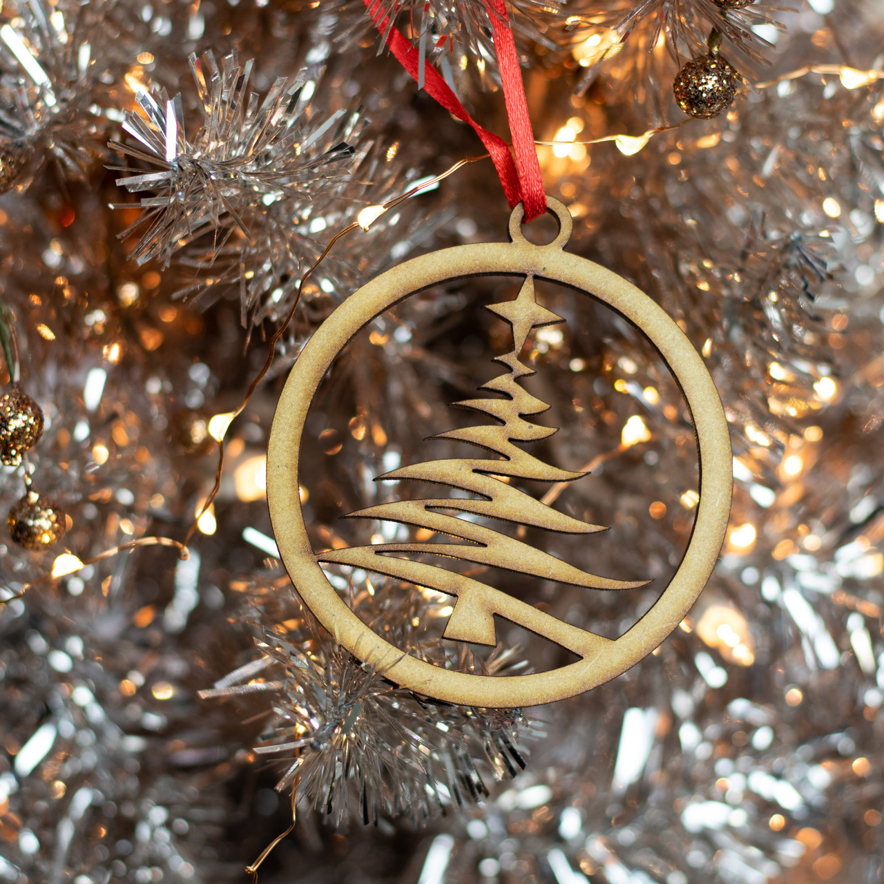 Swirly Christmas Tree Wood Christmas Ornament