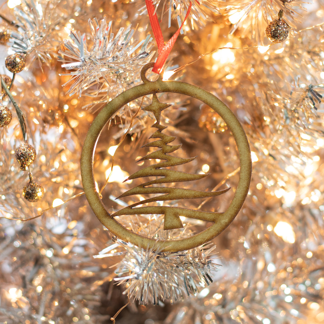 Swirly Christmas Tree Wood Christmas Ornament