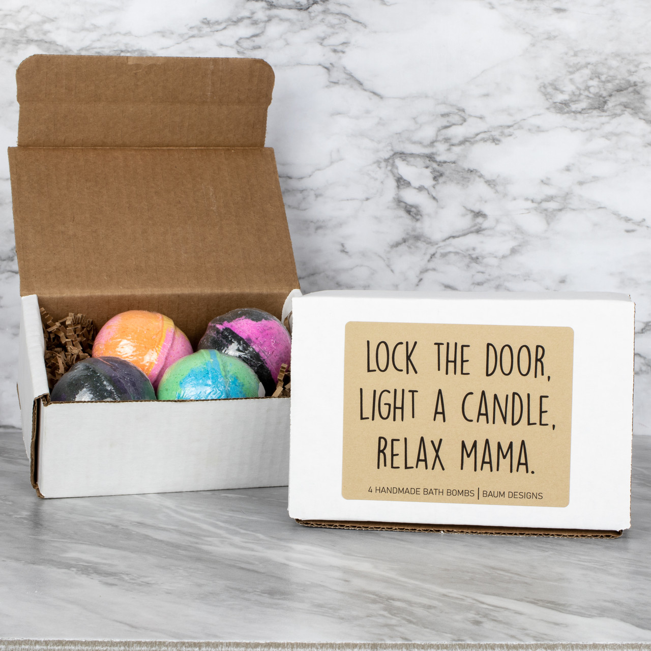 Lock The Door, Light A Candle, Relax Mama Bath Bomb 4pc Set