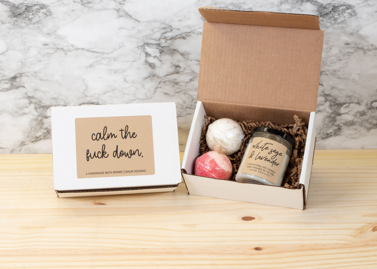 Calm The Fuck Down Gift Set - 6 oz. Soy Candle + 2 Bath Bombs