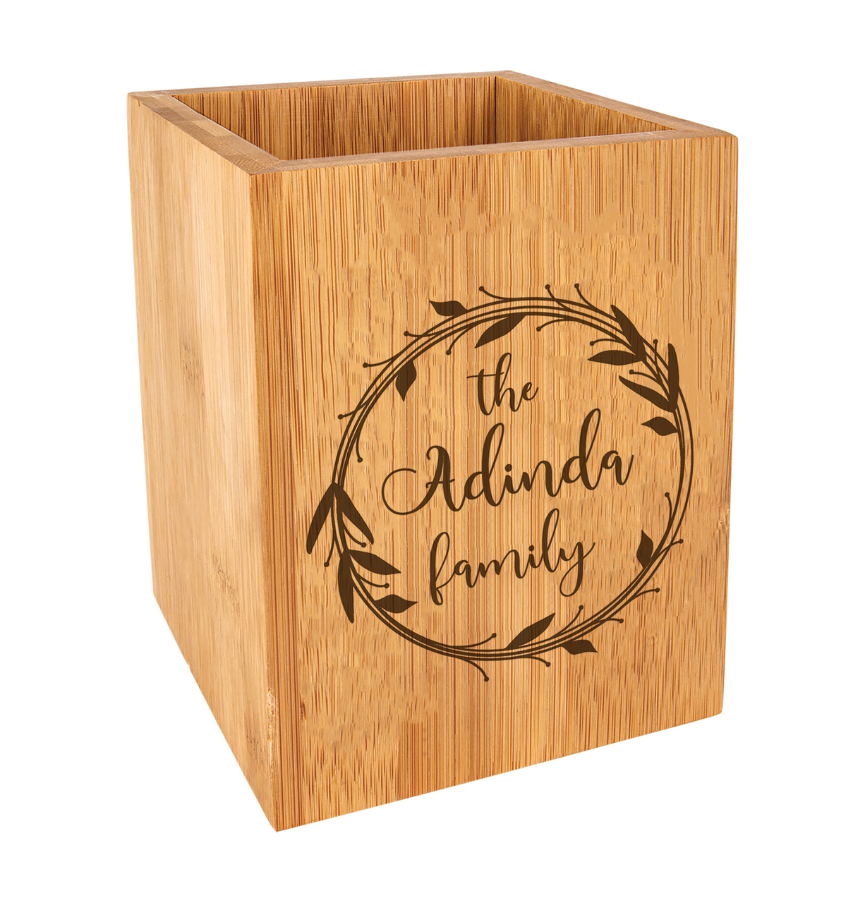 Personalized Wreath Family Kitchen Utensil Holder Bamboo Wood Baum Designs