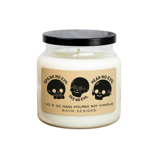 Speak No Evil, See No Evil, Hear No Evil Skull Soy Candle Baum Designs