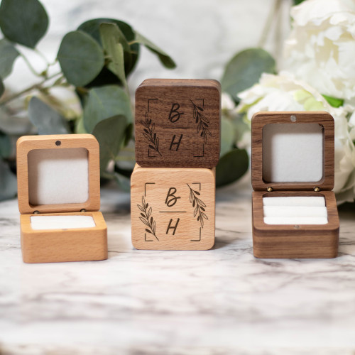 Personalized Wedding Ring Box | Maple Or Walnut Wood | Wedding Proposal Engagement Ceremony Square Ring Boxes