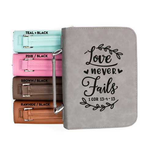 Love Never Fails 1 Corinthians 13-4-13 Faux Leather Bible Cover Love Never Fails 1 Corinthians 13-4-13 Faux Leather Bible Cover