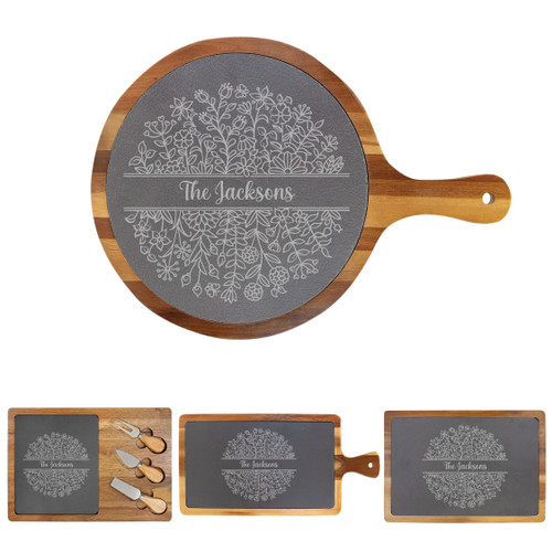 Personalized Floral Cheese Board Wood + Slate Baum Designs