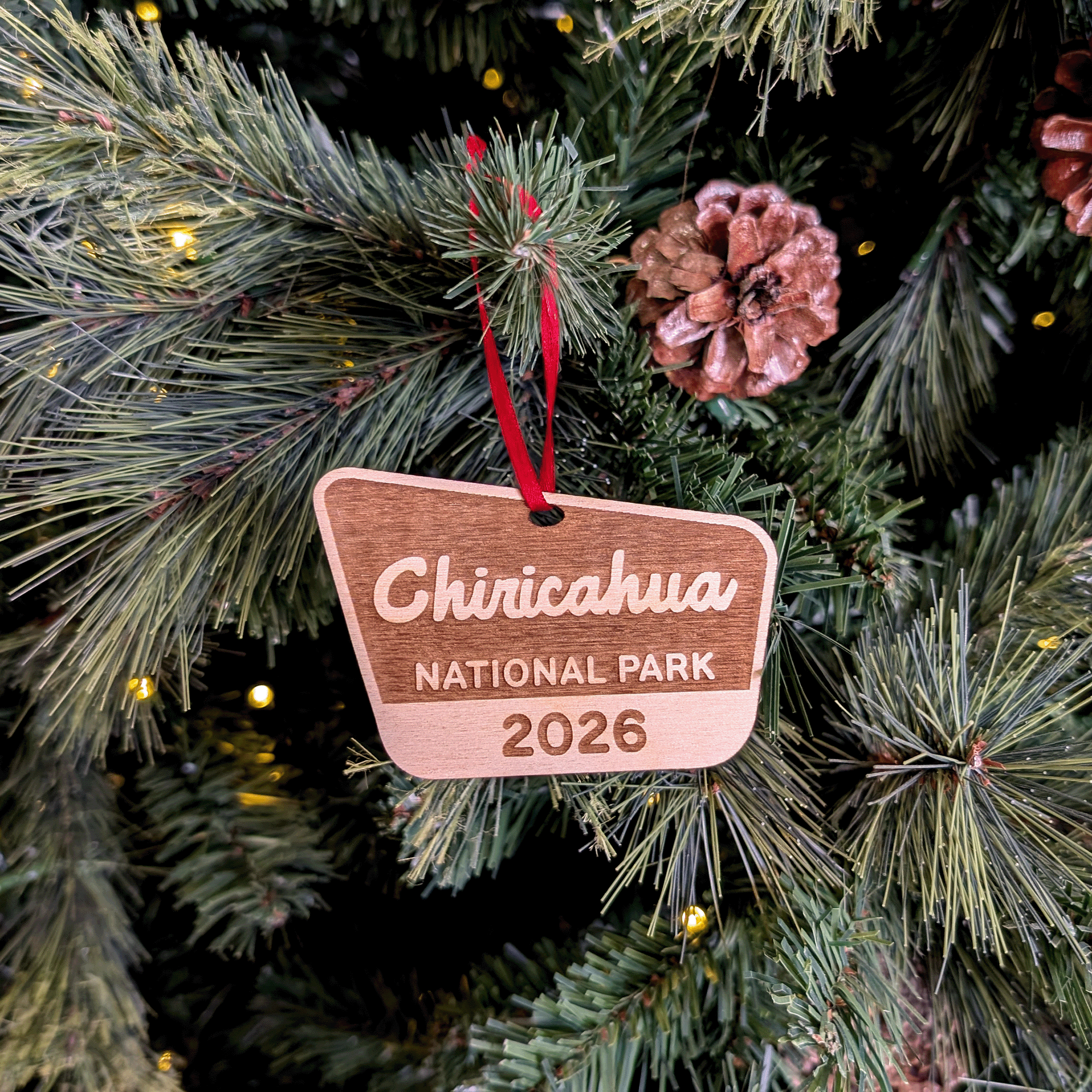 Chiricahua National Park 2026 wood ornament hanging on a Christmas tree