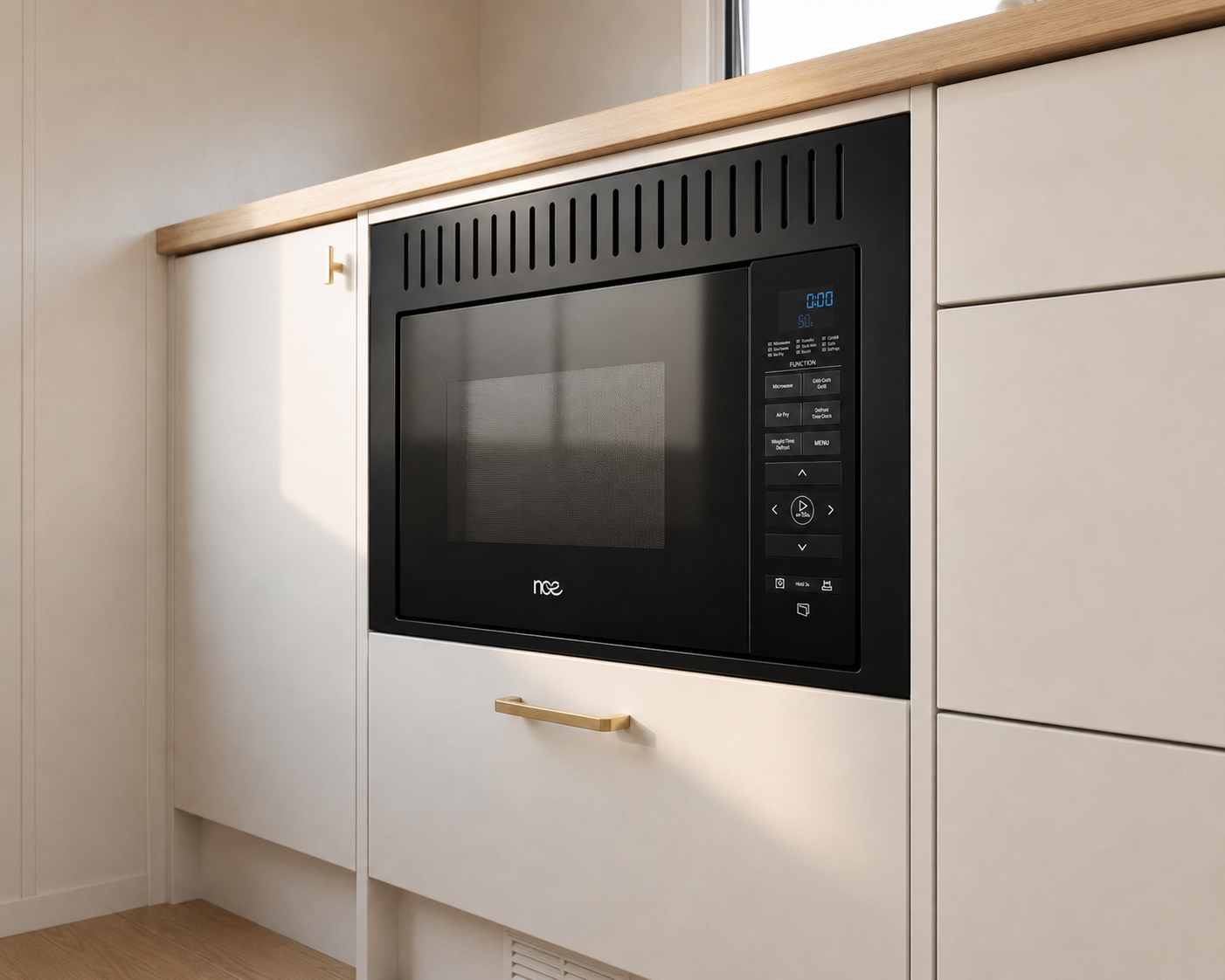 Caravan microwave installed in a modern caravan kitchen