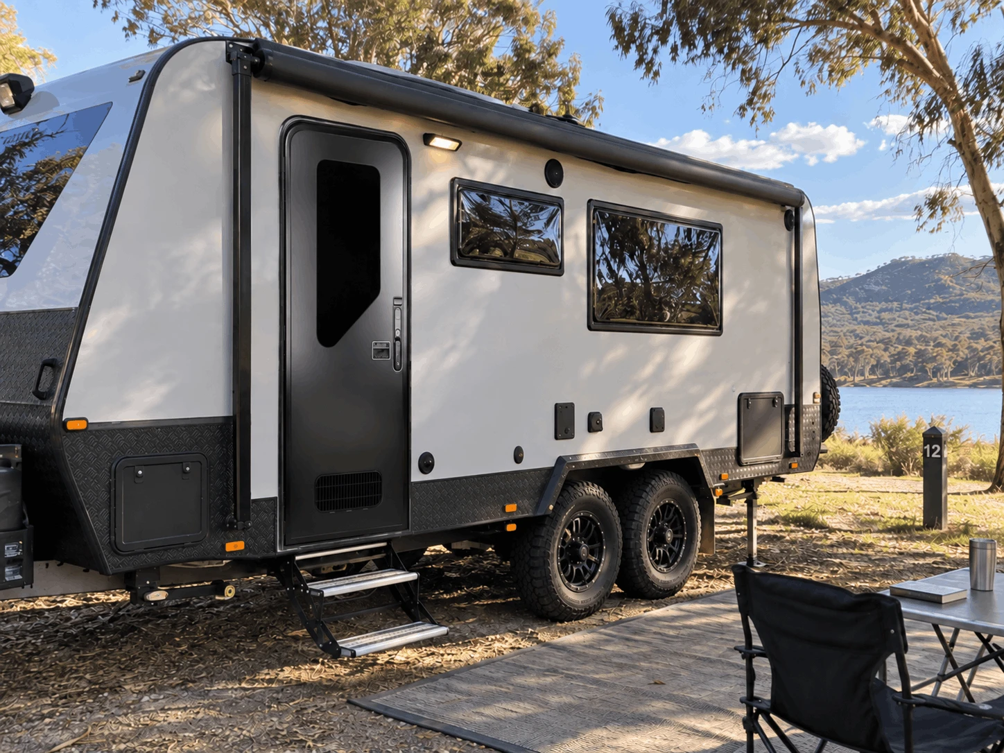 NCE premium caravan entry door in a caravan lifestyle setting