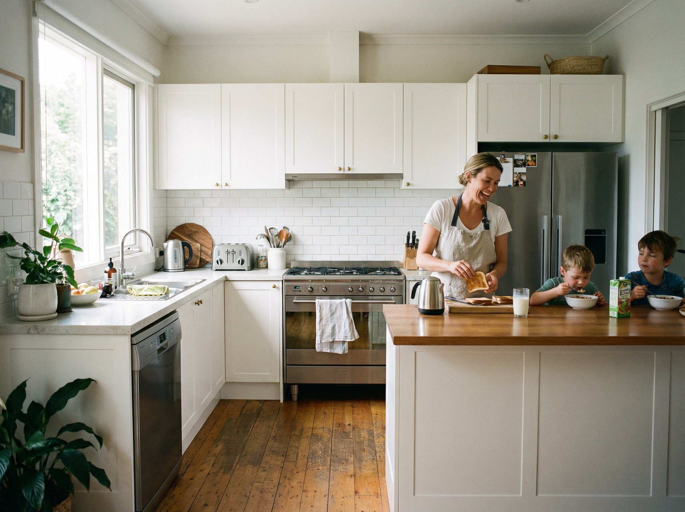 Bright kitchen interior with family cooking and household appliances