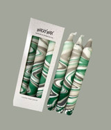 Classic box of 3 taper candles in our Woodland Wander Set, featuring deep green, greys and taupe in a hand marbled pattern, perfect for adding stylish touch to any decor.