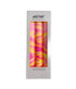 Presentation box containing  3 neon hand marbled candles in pink, orange, and yellow, ready for use.