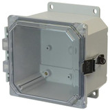 AMP664CCLF | Allied Moulded Products 6 x 6 x 4 Polycarbonate enclosure with hinged clear cover and stainless-steel snap latch