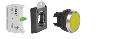 L21AA04-3E10 | Baco Controls 22MM Yellow, Flush, Momentary Pushbutton With 1 NO Contact