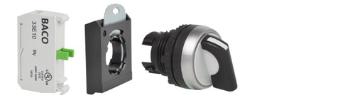 L21KA03-3E10 | Baco Controls 22MM Black, 2 Position, 45 Degree, Maintained, Handle Selector Switch With 1 NO Contact
